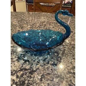 Vintage Viking BLUENIQUE Glass Blue Swan Candy Dish Bowl MCM Collector Retro